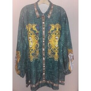 Shirt Dress Multi Print Collared Button Down Front  Elastic Sleeve Hem Sz XL